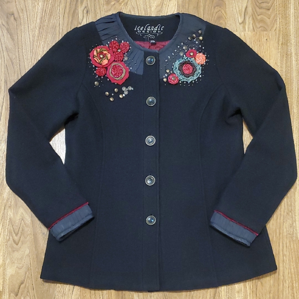 Icelandic Design 100% Wool Jacket With Silk Applique And Beads Womens M Black